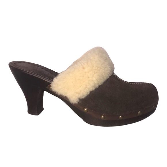 Gianni Bini Shoes - Gianni Bini Furrever Brown Suede Wooden Mule Clogs
